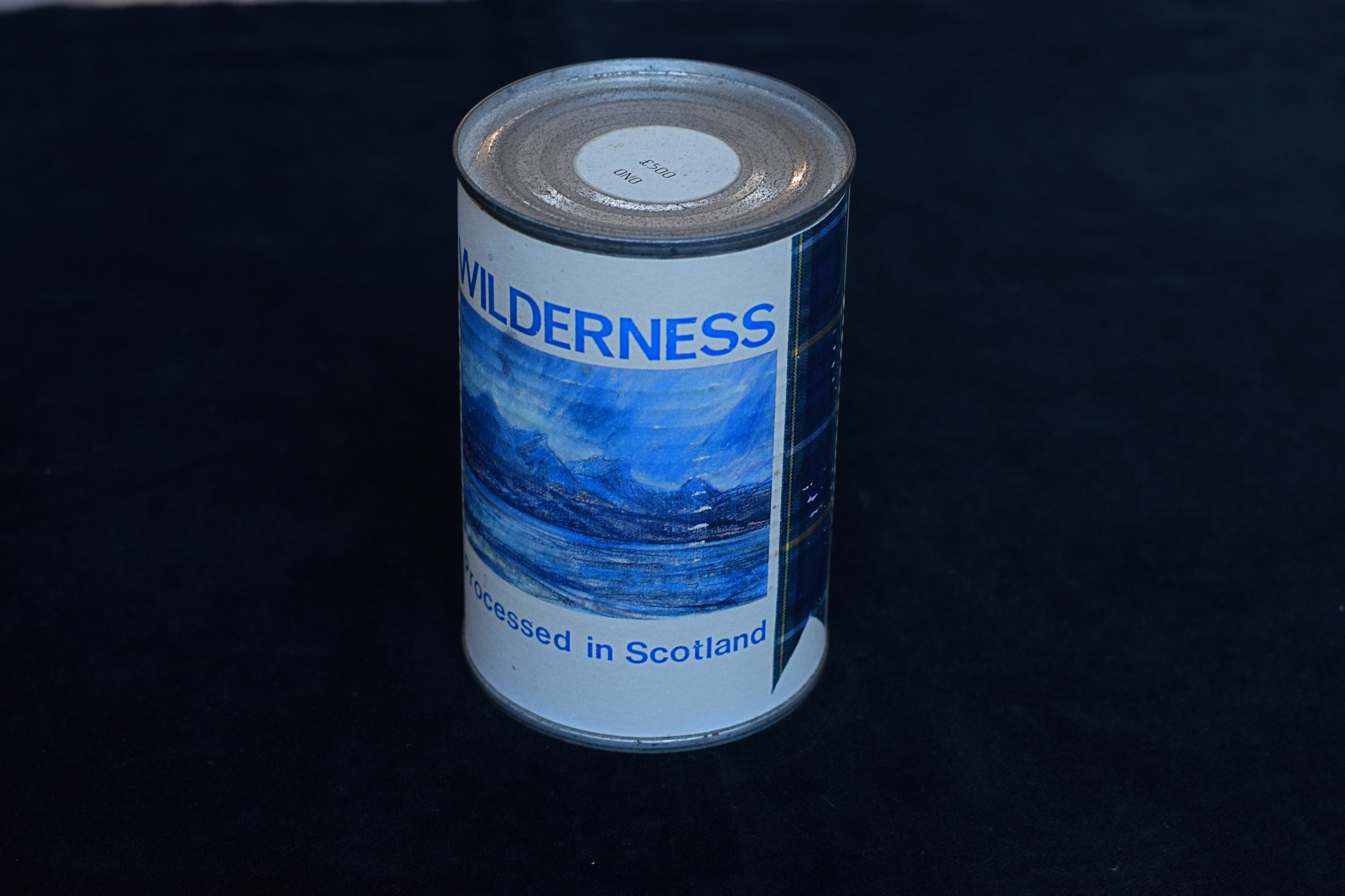 a can with a blue landscape. it reads: 'wilderness' at the top and 'processed in Scotland' at the bottom