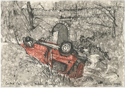 drawing in ink and red watercolor showing an overturned red Fiat Uno car lying on its side in a rural Irish landscape. The vehicle's wheel is visible pointing upward, and the scene includes an arched stone bridge or tunnel entrance in the background. Bare branches and vegetation surround the wreck. The artist has written "Crashed Fiat Uno" and "Wicklow Mountains" at the bottom, along with the date "13th Dec 2000."