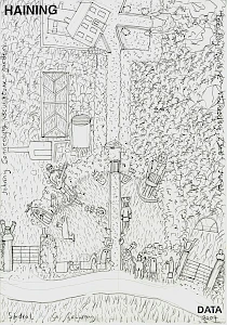 A detailed pencil drawing depicting a whimsical outdoor sculpture garden filled with folk art figures. Multiple human-like sculptures stand among grass and vegetation, with buildings visible in the background. The composition includes the word "HAINING" stamped at top left and "DATA 2004" at bottom right. Text along the edges identifies the location as "Johnny Conneely's Sculpture Garden, Spiddal, Co. Galway" and the date "Tuesday 23rd June."