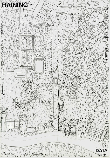 A detailed pencil drawing depicting a whimsical outdoor sculpture garden filled with folk art figures. Multiple human-like sculptures stand among grass and vegetation, with buildings visible in the background. The composition includes the word "HAINING" stamped at top left and "DATA 2004" at bottom right. Text along the edges identifies the location as "Johnny Conneely's Sculpture Garden, Spiddal, Co. Galway" and the date "Tuesday 23rd June."