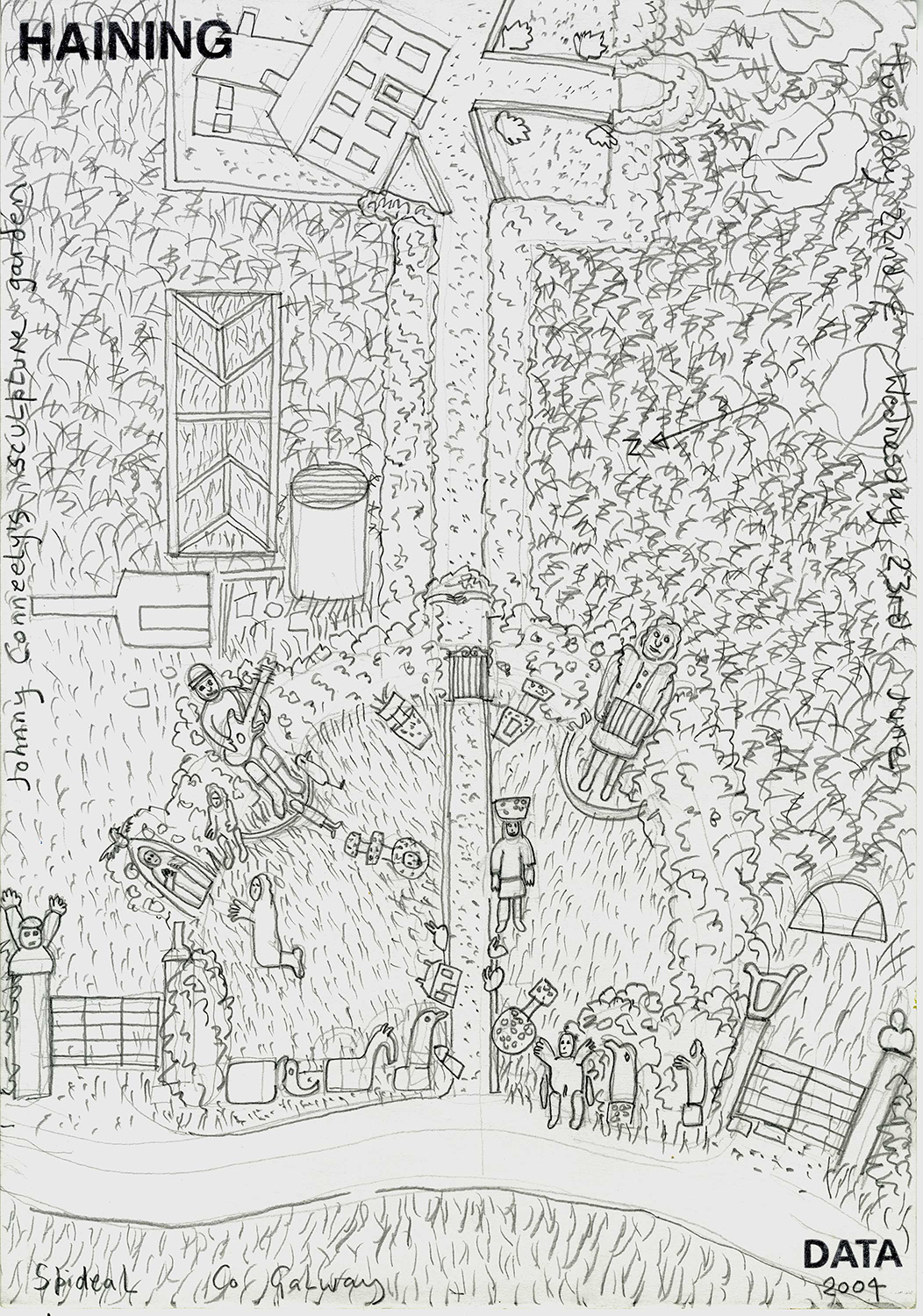 A detailed pencil drawing depicting a whimsical outdoor sculpture garden filled with folk art figures. Multiple human-like sculptures stand among grass and vegetation, with buildings visible in the background. The composition includes the word "HAINING" stamped at top left and "DATA 2004" at bottom right. Text along the edges identifies the location as "Johnny Conneely's Sculpture Garden, Spiddal, Co. Galway" and the date "Tuesday 23rd June."