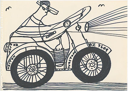 A bold black marker drawing on cream paper showing a person riding a Norton motorcycle in profile view. The rider wears goggles and a cap, leaning forward over the streamlined machine. The motorcycle features detailed spoked wheels with solid black tires, and the word "NORTON" appears on the body along with "BZ 7609" as a registration number. Horizontal speed lines emanate from the headlight, suggesting motion. Small bird-like marks appear in the sky.