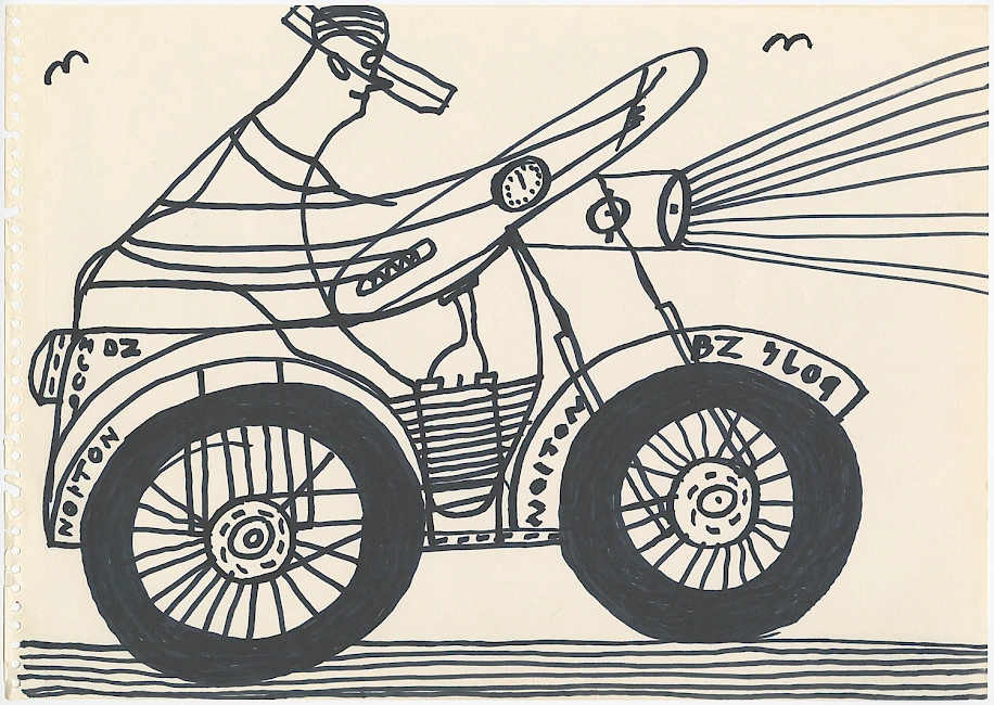A bold black marker drawing on cream paper showing a person riding a Norton motorcycle in profile view. The rider wears goggles and a cap, leaning forward over the streamlined machine. The motorcycle features detailed spoked wheels with solid black tires, and the word "NORTON" appears on the body along with "BZ 7609" as a registration number. Horizontal speed lines emanate from the headlight, suggesting motion. Small bird-like marks appear in the sky.