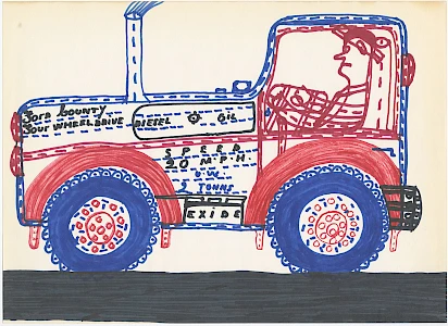 A colorful marker drawing in red, blue, and black depicting a boxy tractor with a driver visible through the cab window. Text on the vehicle reads "Ford Bounty Four Wheel Drive," "Diesel," "Oil," "Speed 20 M.P.H.," "G.W. 5 Tons," and "Exide" (on the battery). The tractor has oversized wheels with detailed hub patterns and sits on a solid black ground line.