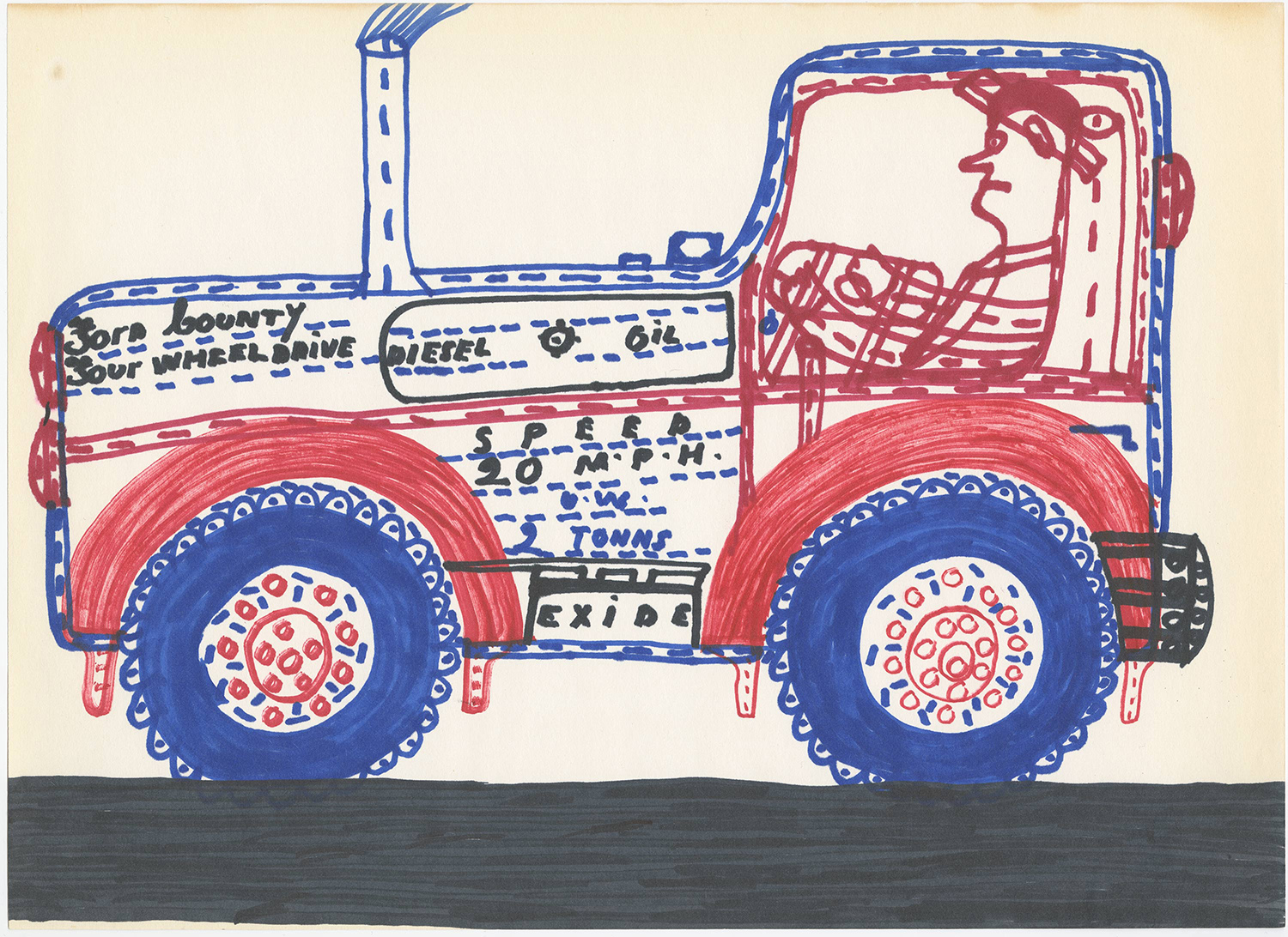 A colorful marker drawing in red, blue, and black depicting a boxy tractor with a driver visible through the cab window. Text on the vehicle reads "Ford Bounty Four Wheel Drive," "Diesel," "Oil," "Speed 20 M.P.H.," "G.W. 5 Tons," and "Exide" (on the battery). The tractor has oversized wheels with detailed hub patterns and sits on a solid black ground line.