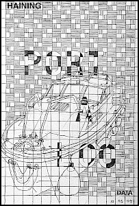 A black ink drawing on a grid background filled with hand-drawn woven or hatched patterns in alternating horizontal and vertical strokes. A sketched boat or vessel emerges from the lower portion of the composition. The words "PORT A LOO" are spelled out vertically in block letters integrated into the grid. "HAINING" appears at top left, "DATA" at bottom right, with the date "10 05 04."