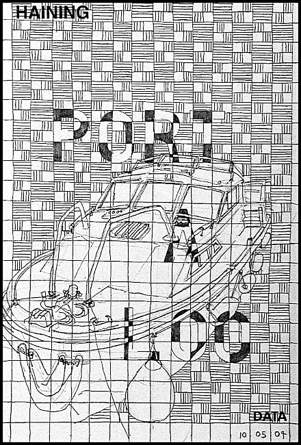 A black ink drawing on a grid background filled with hand-drawn woven or hatched patterns in alternating horizontal and vertical strokes. A sketched boat or vessel emerges from the lower portion of the composition. The words "PORT A LOO" are spelled out vertically in block letters integrated into the grid. "HAINING" appears at top left, "DATA" at bottom right, with the date "10 05 04."