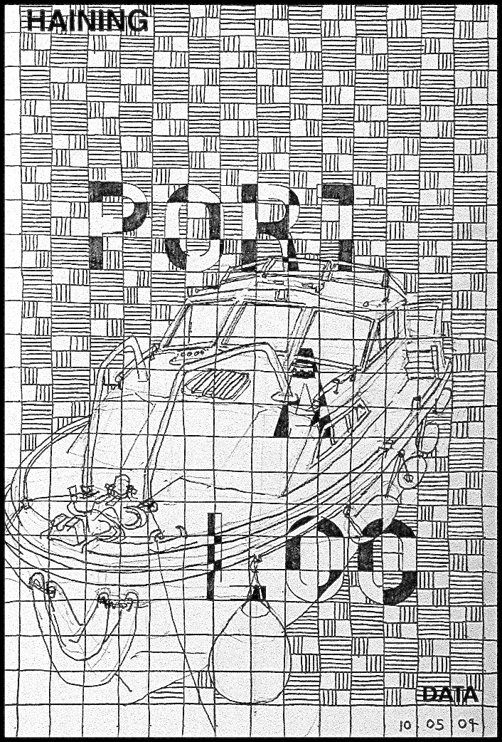 A black ink drawing on a grid background filled with hand-drawn woven or hatched patterns in alternating horizontal and vertical strokes. A sketched boat or vessel emerges from the lower portion of the composition. The words "PORT A LOO" are spelled out vertically in block letters integrated into the grid. "HAINING" appears at top left, "DATA" at bottom right, with the date "10 05 04."
