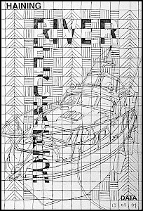 A pencil and ink drawing featuring a boat sketch overlaid on a grid pattern combining horizontal hatching with chevron/arrow motifs. The words "River Recker" run vertically and horizontally through the composition. "HAINING" is stamped at top left and "DATA" at bottom right, dated "13 05 04."