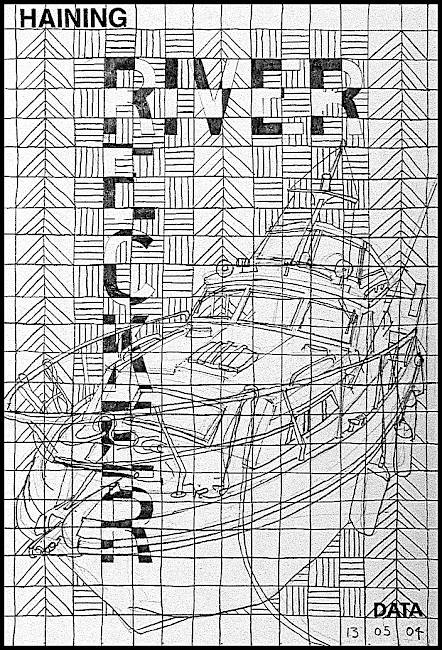 A pencil and ink drawing featuring a boat sketch overlaid on a grid pattern combining horizontal hatching with chevron/arrow motifs. The words "River Recker" run vertically and horizontally through the composition. "HAINING" is stamped at top left and "DATA" at bottom right, dated "13 05 04."