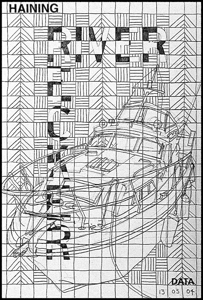 A pencil and ink drawing featuring a boat sketch overlaid on a grid pattern combining horizontal hatching with chevron/arrow motifs. The words "River Recker" run vertically and horizontally through the composition. "HAINING" is stamped at top left and "DATA" at bottom right, dated "13 05 04."
