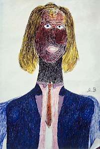 A childlike drawing of a person with shoulder-length yellow hair, a dark shaded face with large blue eyes, and a surprised expression, wearing a blue jacket, white shirt, and patterned tie.