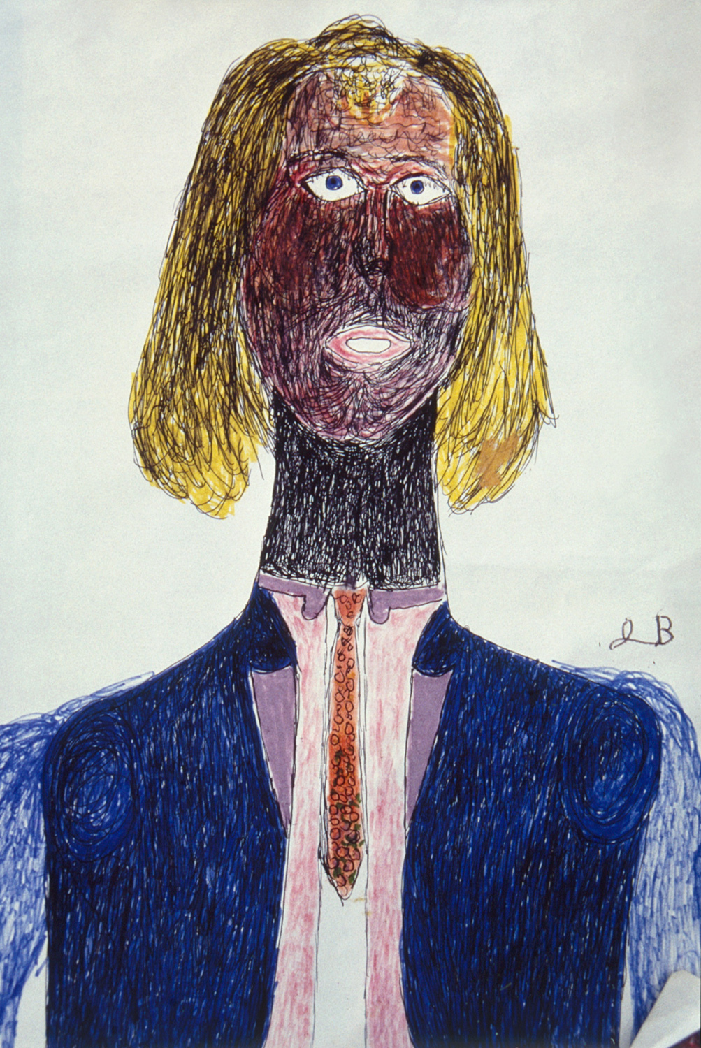 A childlike drawing of a person with shoulder-length yellow hair, a dark shaded face with large blue eyes, and a surprised expression, wearing a blue jacket, white shirt, and patterned tie.