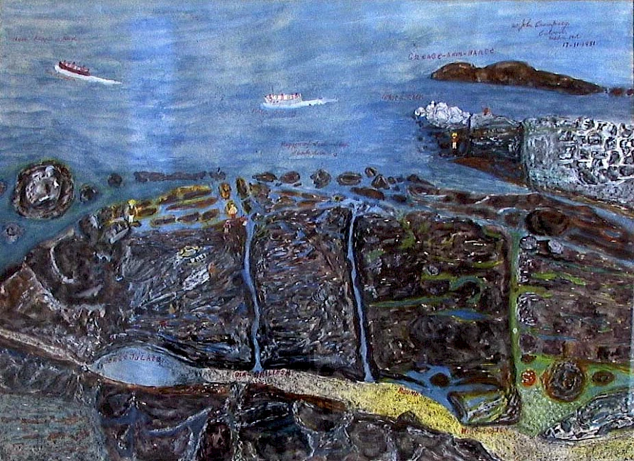 An abstract, textured landscape painting showing a coastal scene with water at the top, small boats, and a patchwork of dark land areas intersected by lines and shapes suggesting roads or fields.