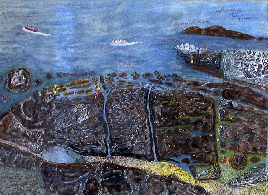 An abstract, textured landscape painting showing a coastal scene with water at the top, small boats, and a patchwork of dark land areas intersected by lines and shapes suggesting roads or fields.