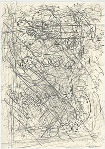 Abstract drawing with chaotic, swirling graphite lines on a beige paper. The energetic scribbles create a sense of movement and disorder.