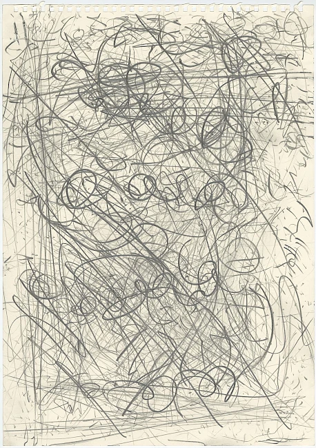 Abstract drawing with chaotic, swirling graphite lines on a beige paper. The energetic scribbles create a sense of movement and disorder.