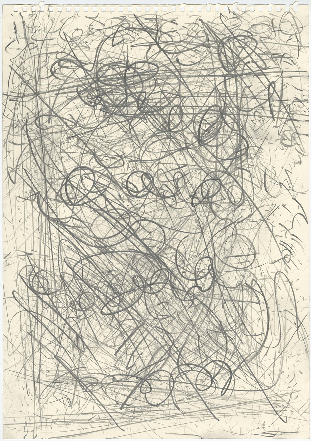Abstract drawing with chaotic, swirling graphite lines on a beige paper. The energetic scribbles create a sense of movement and disorder.