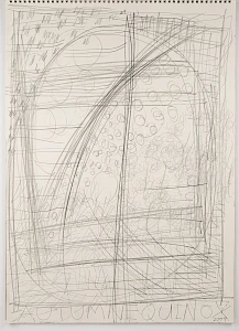 Abstract pencil sketch featuring overlapping arcs and lines, with circles scattered throughout. The words "AUTUMN EQUINOX" are written at the bottom. Energetic and chaotic.