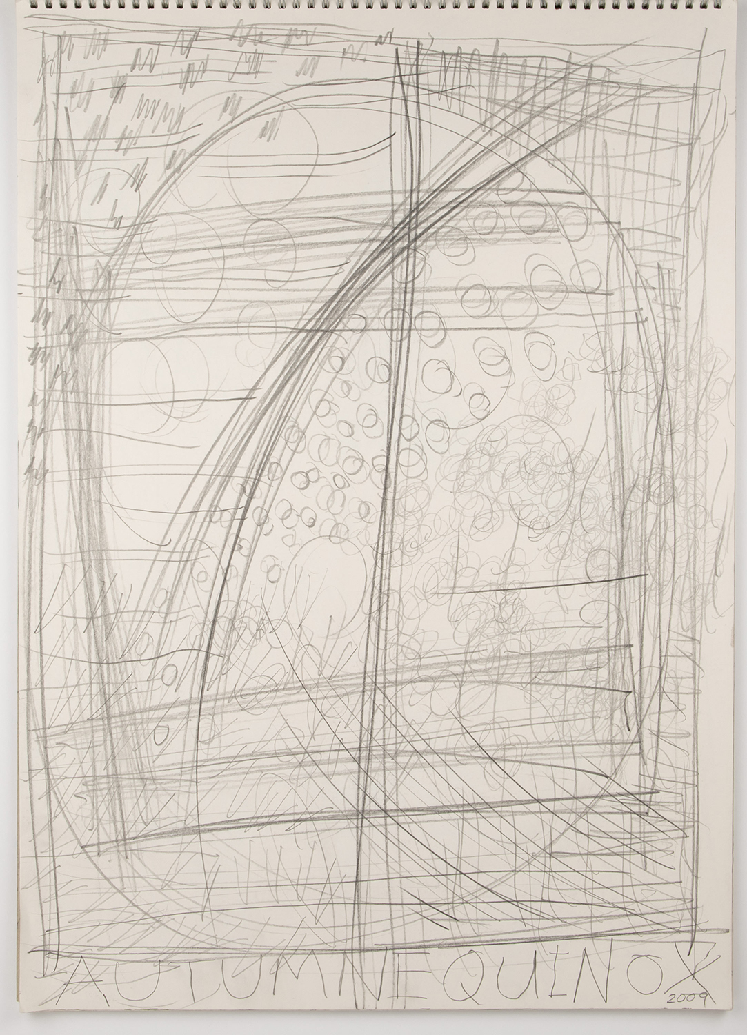 Abstract pencil sketch featuring overlapping arcs and lines, with circles scattered throughout. The words "AUTUMN EQUINOX" are written at the bottom. Energetic and chaotic.
