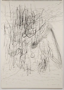 Chaotic black pencil scribbles fill a white paper, creating an abstract, dense, swirling pattern. The texture is energetic and expressive.