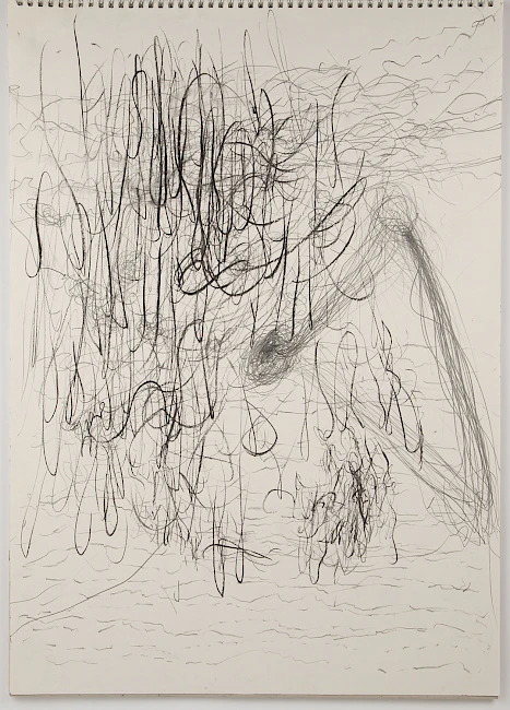 Chaotic black pencil scribbles fill a white paper, creating an abstract, dense, swirling pattern. The texture is energetic and expressive.